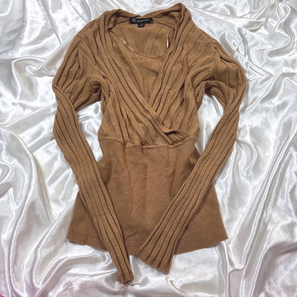 y2k INC International Concepts Sweater Brown Excellent Ribbed Surplice Wrap Top